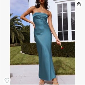 Blue Strapless Satin Midi Dress